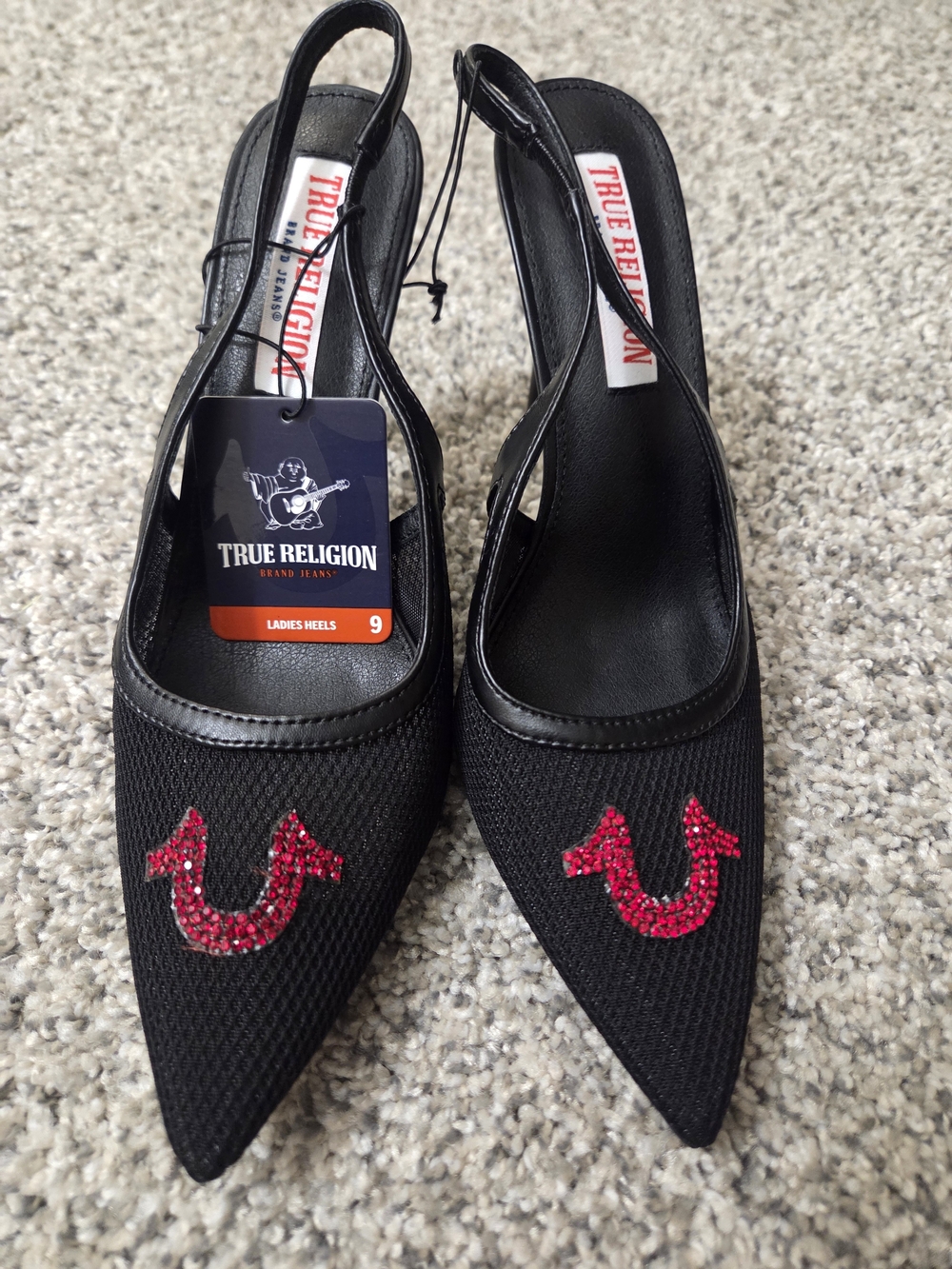 True Religion Black Slingback Heels with Pink Crystal Logo